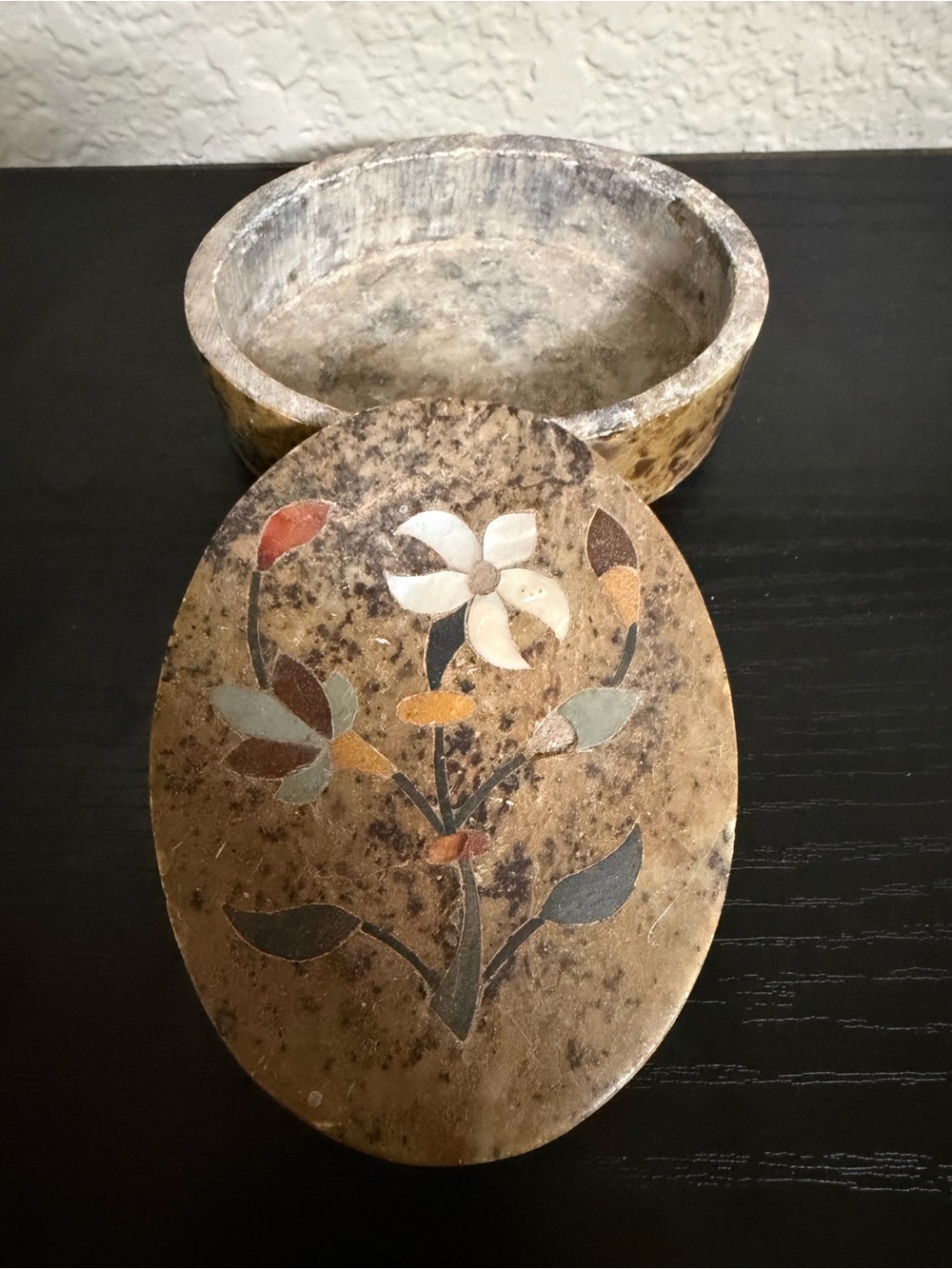 Decorative Stone Trinket Box with Inlaid Floral Design - Multicolor